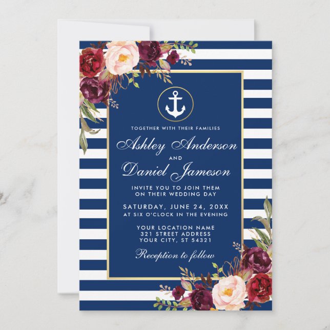Invitación Boda Nautical Blue Stripes Burgundy Invite (Anverso)