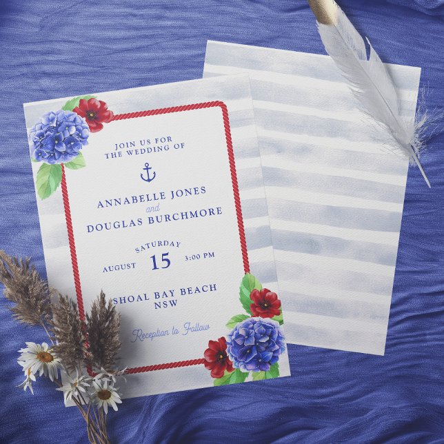 Invitación Boda Nautical Boho White Red Floral Watercolor (Mockup of front and back of invitation)