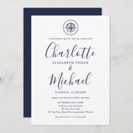 Invitación Boda Nautical Compass Navy Blue Script