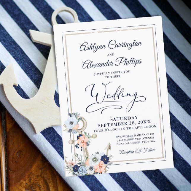 Invitación Boda Nautical Elegant Floral Anchor Nave Peach (Subido por el creador)