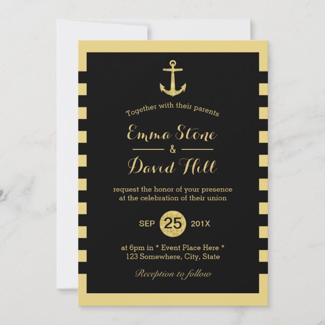 Invitación Boda Nautical Gold Anchor Black & Gold (Anverso)