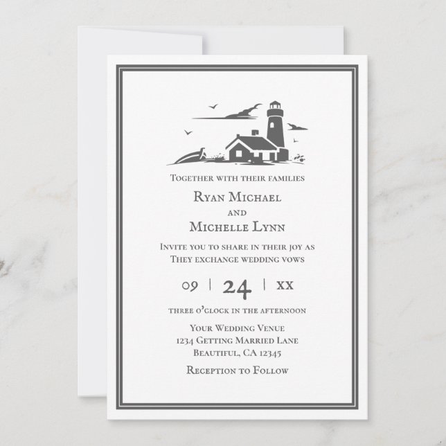 Invitación Boda Nautical Lighthouse Seaside Beach (Anverso)