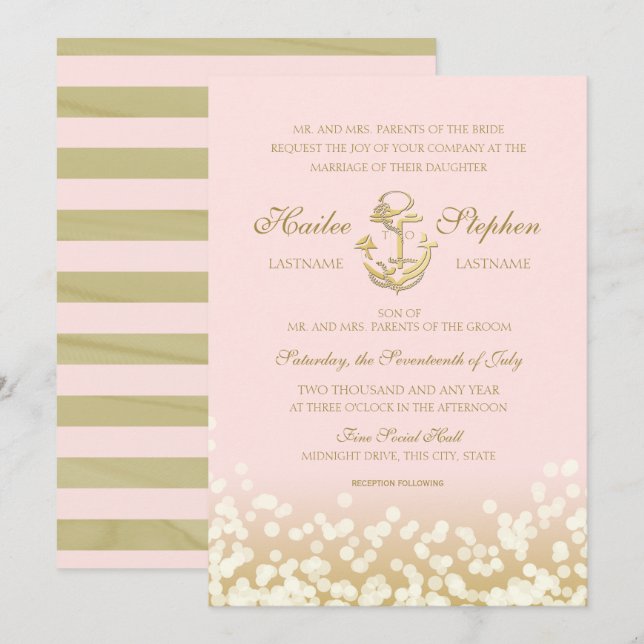 Invitación Boda Nautical Rubor y Gold Sparkle (Anverso / Reverso)