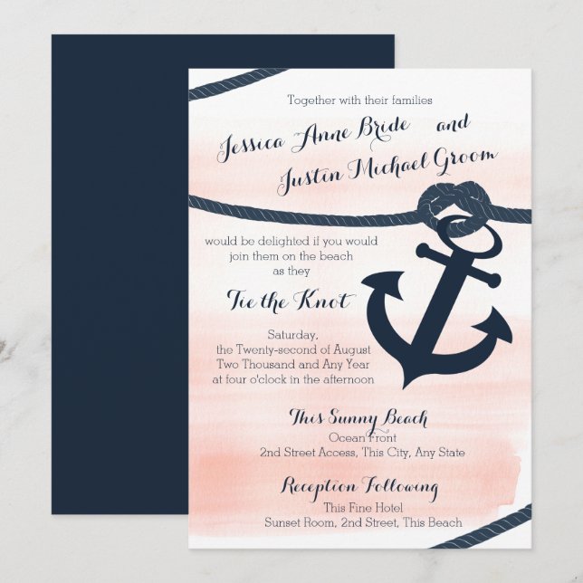 Invitación Boda Nautical Rubor y Navy Rope y Anchor (Anverso / Reverso)
