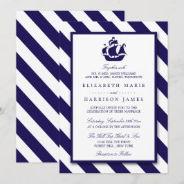 Invitación Boda Nautical Stripes & Navy Blue Ship