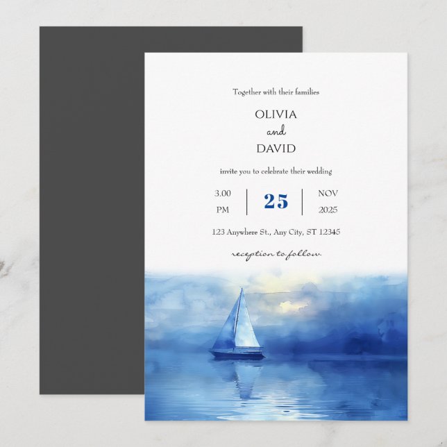 Invitación Boda Nautical Twilight Sailboat Blue Sky Beach Wed (Anverso / Reverso)
