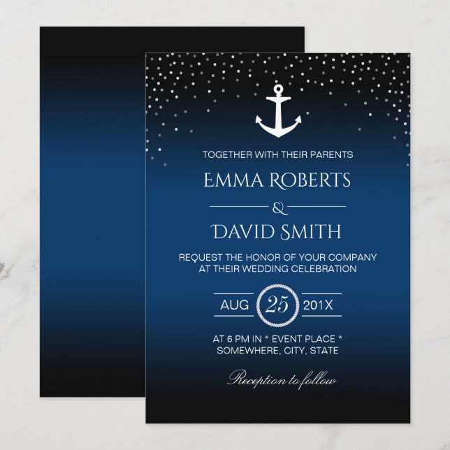 Invitación Boda náutico Anchor Confetti Dots Navy Blue (Anverso / Reverso)