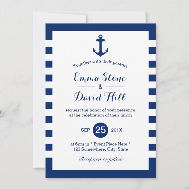 Invitación Boda Náutico Ancla Azul y Rayas (Anverso)