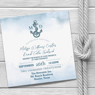 Invitación Boda Náutico Ancla de color Azul de Playa