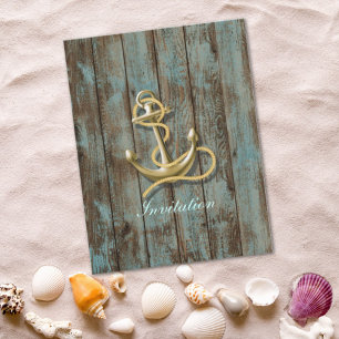 Invitación boda náutico ancla de playa de madera de muelle az