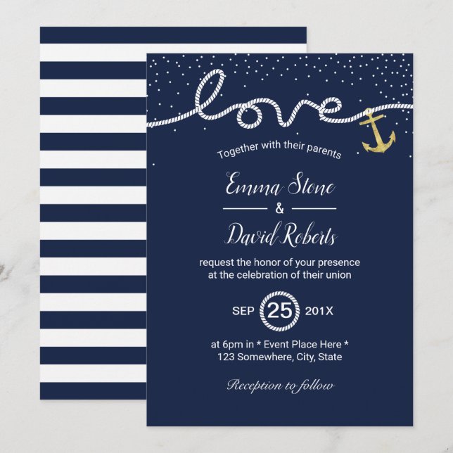 Invitación Boda náutico atando el azul de la Marina de los An (Anverso / Reverso)