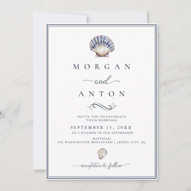 Invitación Boda Náutico Azul con guión elegante (Anverso)