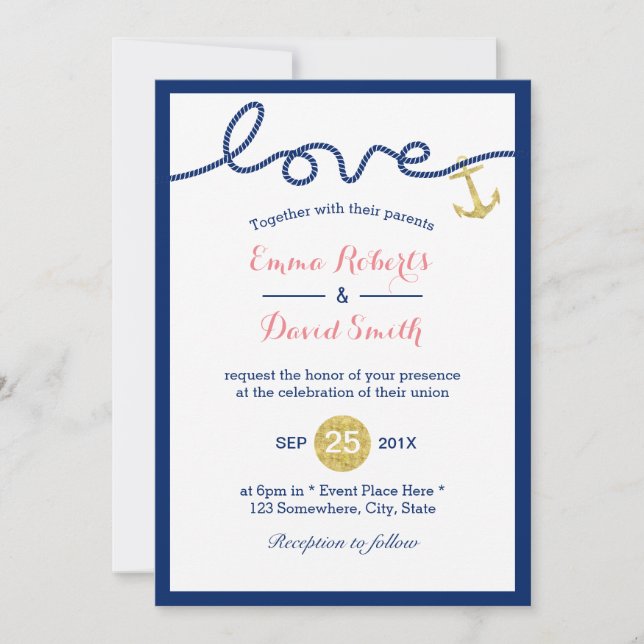 Invitación Boda Náutico Azul de la Marina de Oro (Anverso)