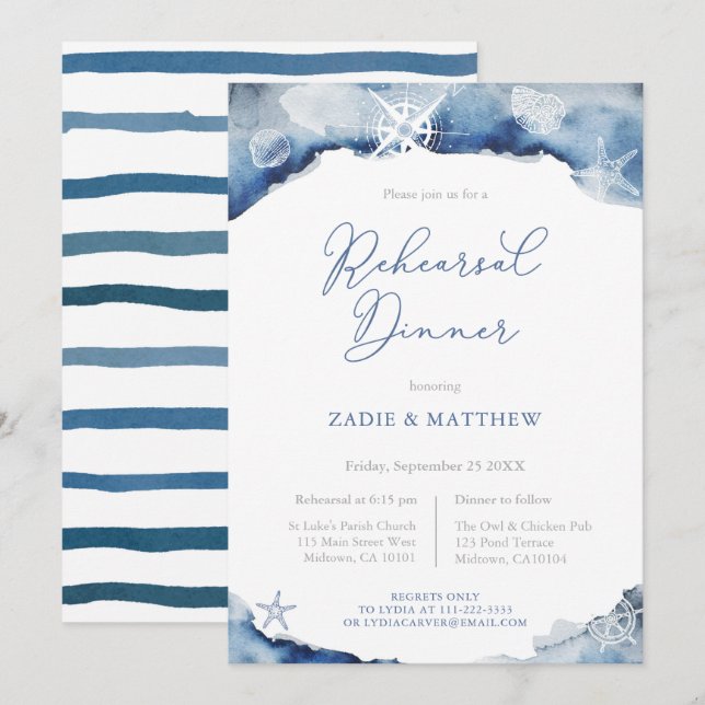 Invitación Boda Náutico Azul de la Marina Ensayo Cena (Anverso / Reverso)