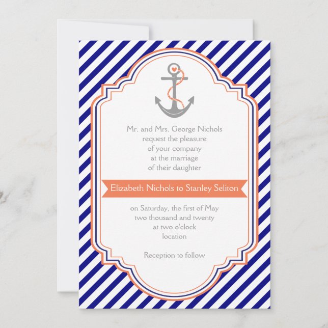 Invitación Boda náutico azul marino, ancla de coral y rayas (Anverso)