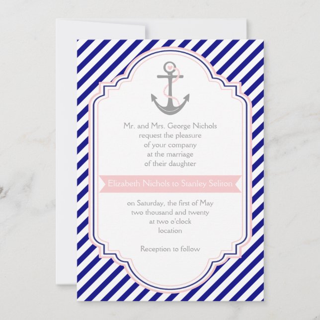 Invitación Boda náutico azul marino, ancla rosa y rayas (Anverso)