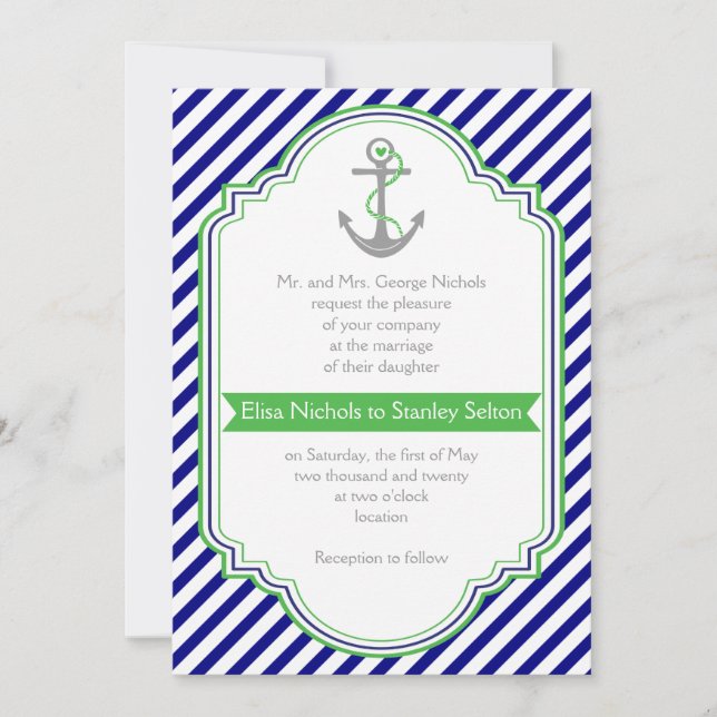 Invitación Boda náutico azul marino, ancla verde y rayas (Anverso)