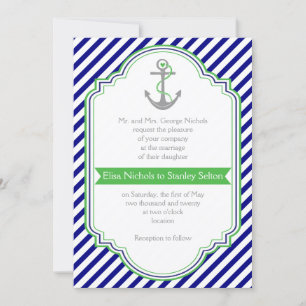 Invitación Boda náutico azul marino, ancla verde y rayas
