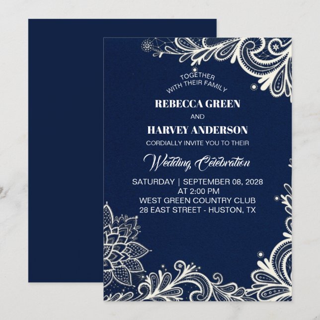 Invitación boda náutico azul marino de encaje blanco (Anverso / Reverso)