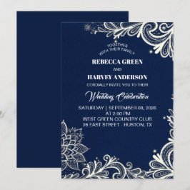 Invitación boda náutico azul marino de encaje blanco