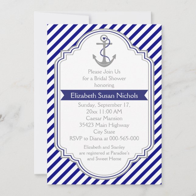 Invitación Boda náutico  azul marino ducha de novia (Anverso)