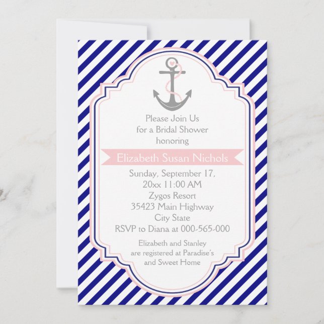 Invitación Boda náutico azul marino, rosa, ducha de novia (Anverso)