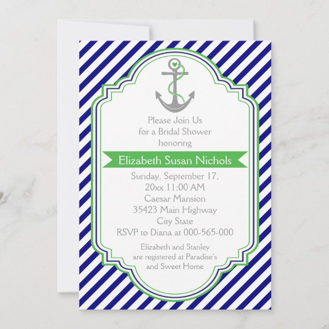 Invitación Boda náutico azul marino verde ducha de novia (Anverso)