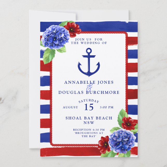 Invitación Boda Náutico Azul Rojo Floral Acuarela (Anverso)