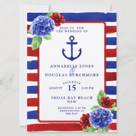 Invitación Boda Náutico Azul Rojo Floral Acuarela