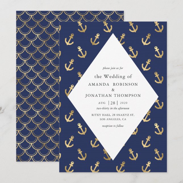 Invitación Boda Náutico Azul y Oro (Anverso / Reverso)
