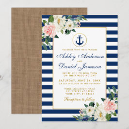 Invitación Boda Náutico Bandas Azules Burlap Floral