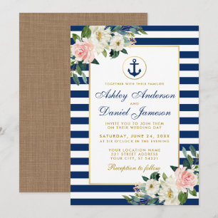 Invitación Boda Náutico Bandas Azules Burlap Floral