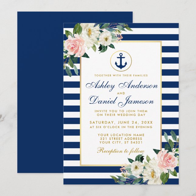 Invitación Boda Náutico Bandas Azules Floral Blanca Rosa (Anverso / Reverso)
