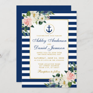 Invitación Boda Náutico Bandas Azules Floral Blanca Rosa