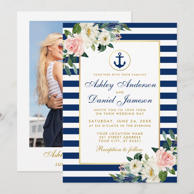 Invitación Boda Náutico Bandas Azules Foto Floral (Anverso / Reverso)