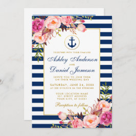Invitación Boda Náutico Bandas Azules Foto Floral Rosa