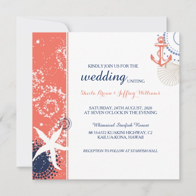 Invitación Boda Náutico Blanco Azul de la Marina Coral (Anverso)