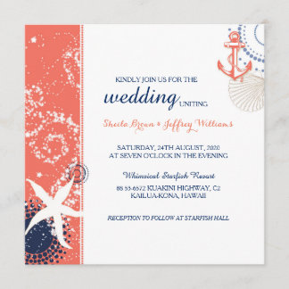 Invitación Boda Náutico Blanco Azul de la Marina Coral