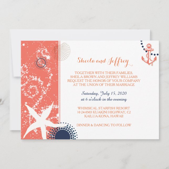 Invitación Boda Náutico Blanco Azul de la Marina Coral (Anverso)