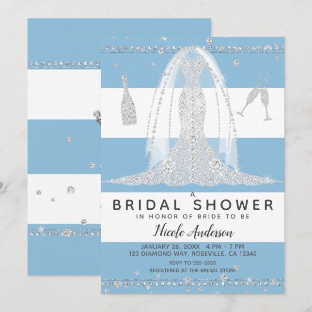 Invitación Boda Nautico Blue Diamond Vestido Bridal Shower (Anverso / Reverso)