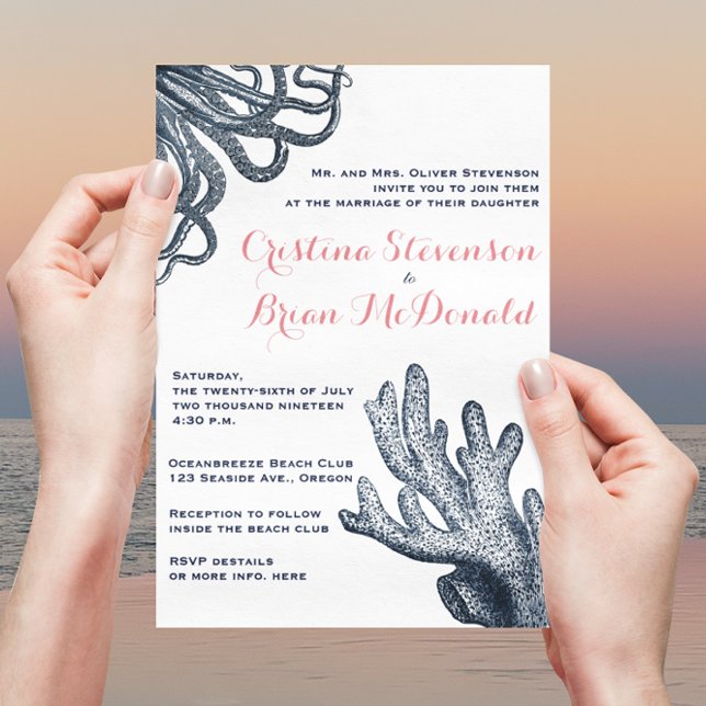 Invitación Boda Náutico Coral & Navy Blue Sea Creature (Subido por el creador)