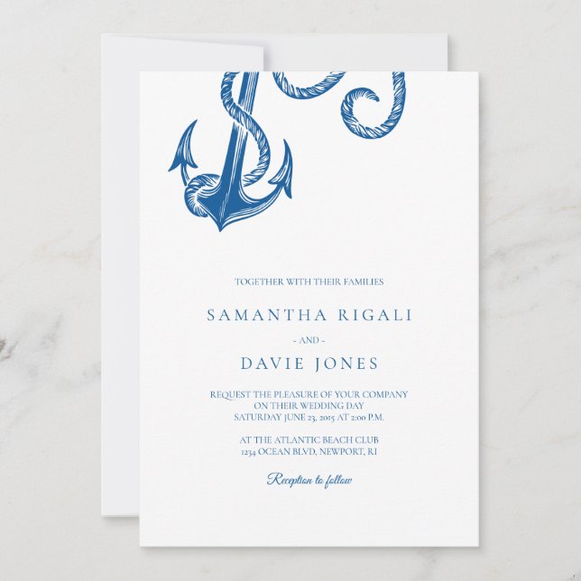 Invitación Boda Náutico de Ancla Azul (Anverso)
