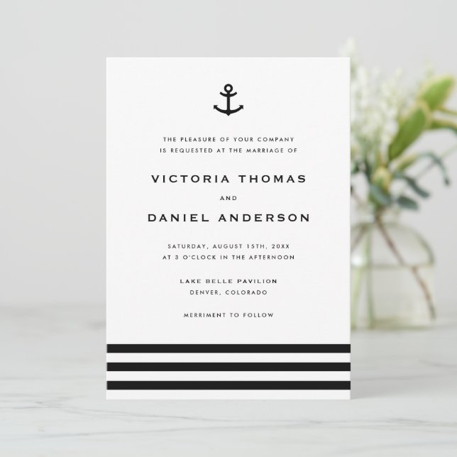 Invitación Boda Náutico de Ancla Blanco y Negro Moderno (Anverso de pie)