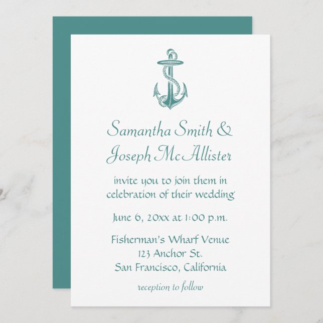 Invitación Boda Náutico de Ancla Vintage verde azulado (Anverso / Reverso)