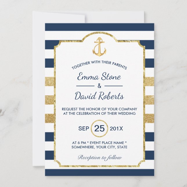 Invitación Boda Náutico De Banca De Oro Y Bandas De Oro (Anverso)