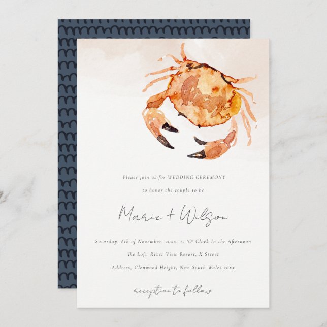 Invitación Boda Náutico De Cangrejo Costero Naranja De Arroz (Anverso / Reverso)