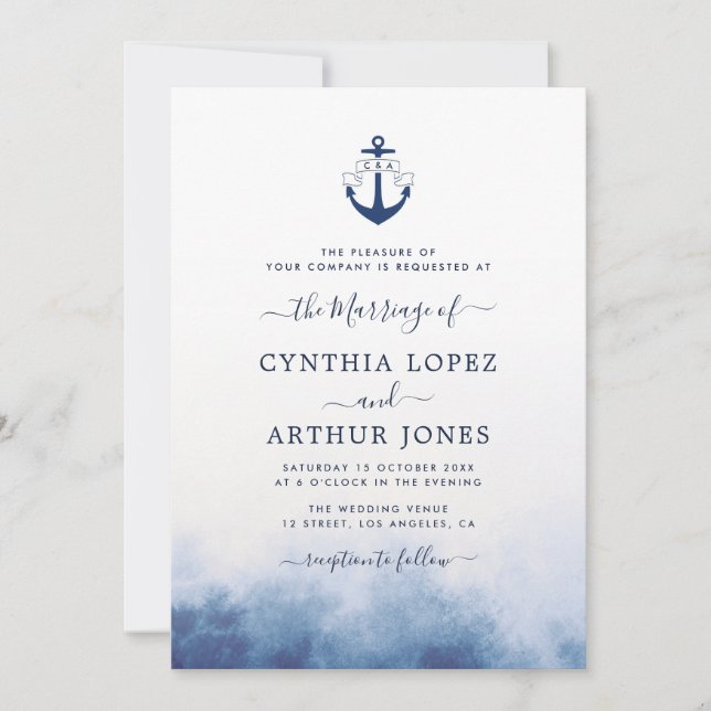 Invitación boda náutico de color azul marino (Anverso)