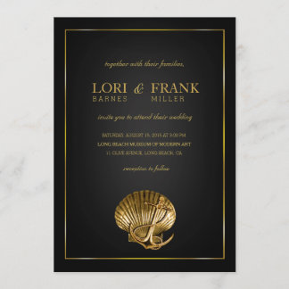 Invitación Boda náutico de conchas náuticas| negro y oro