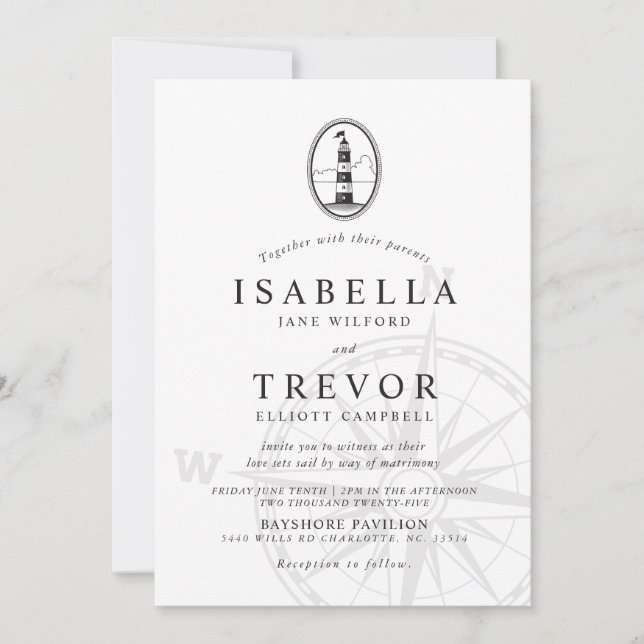 Invitación Boda Náutico de faro negro (Anverso)