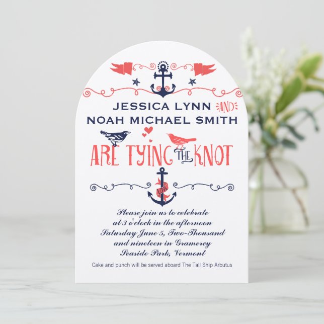 Invitación Boda Náutico De La Marina De Pájaros De Coral Mode (Anverso de pie)